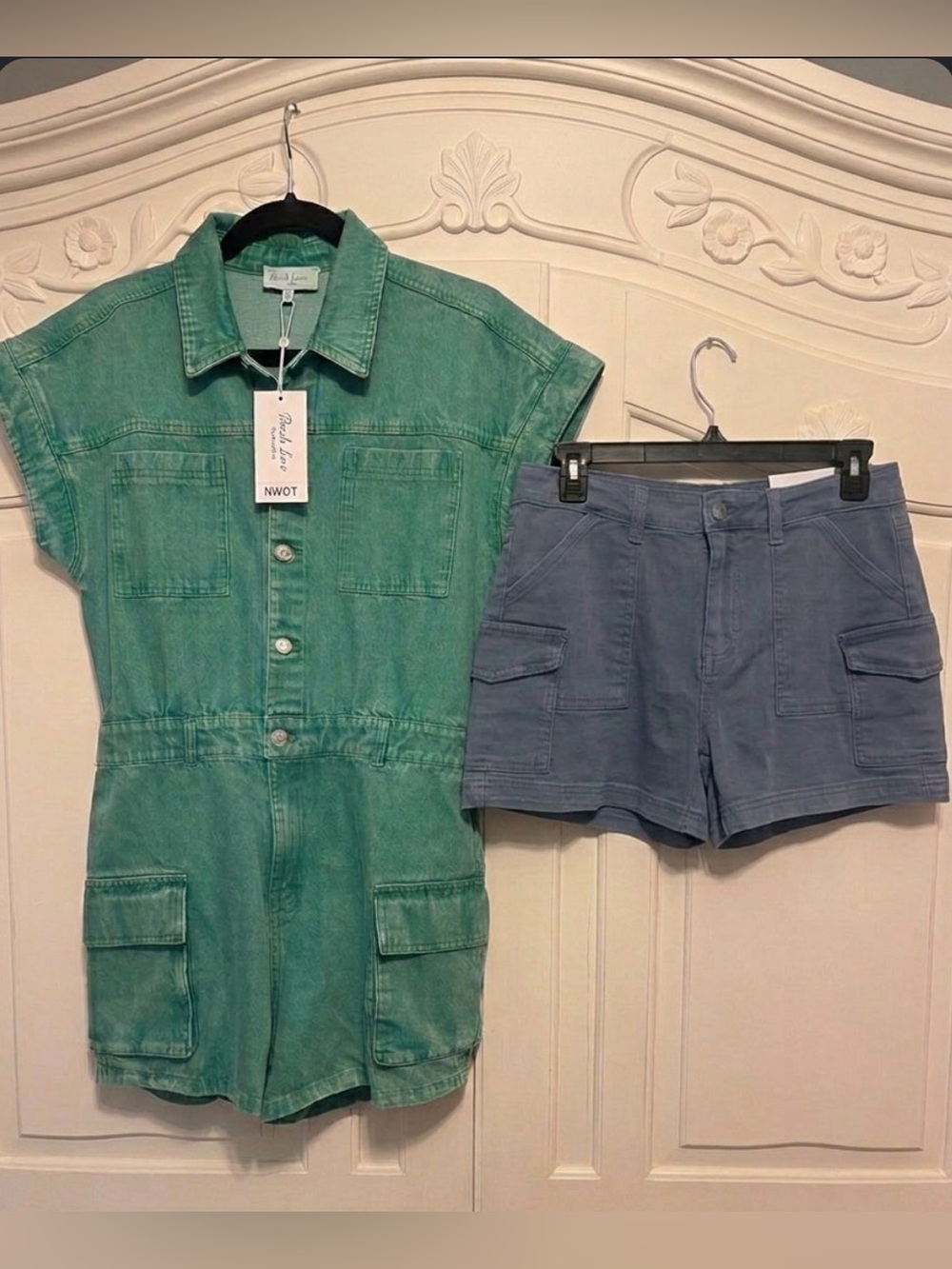 Medium Boutique Lot: Zenana Cargo Shorts M + Peach Love Denim Romper M